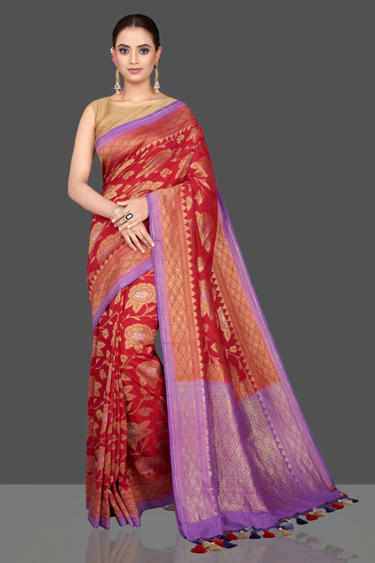 90K572-RO Red Katan Silk Saree with Purple Zari Pallu