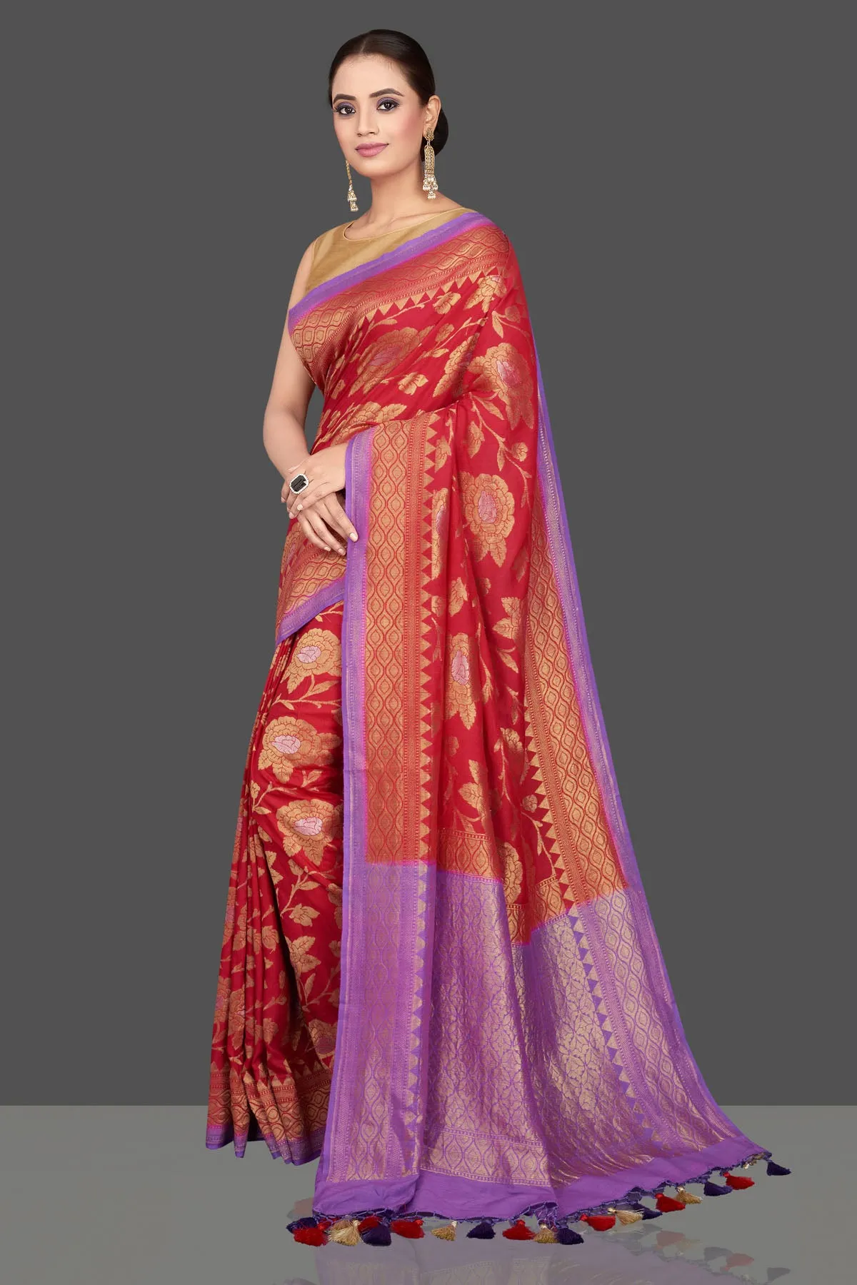 90K572-RO Red Katan Silk Saree with Purple Zari Pallu