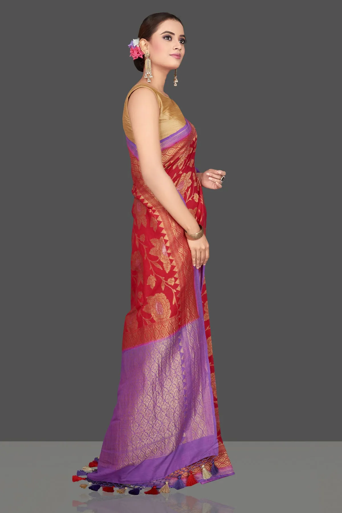 90K572-RO Red Katan Silk Saree with Purple Zari Pallu