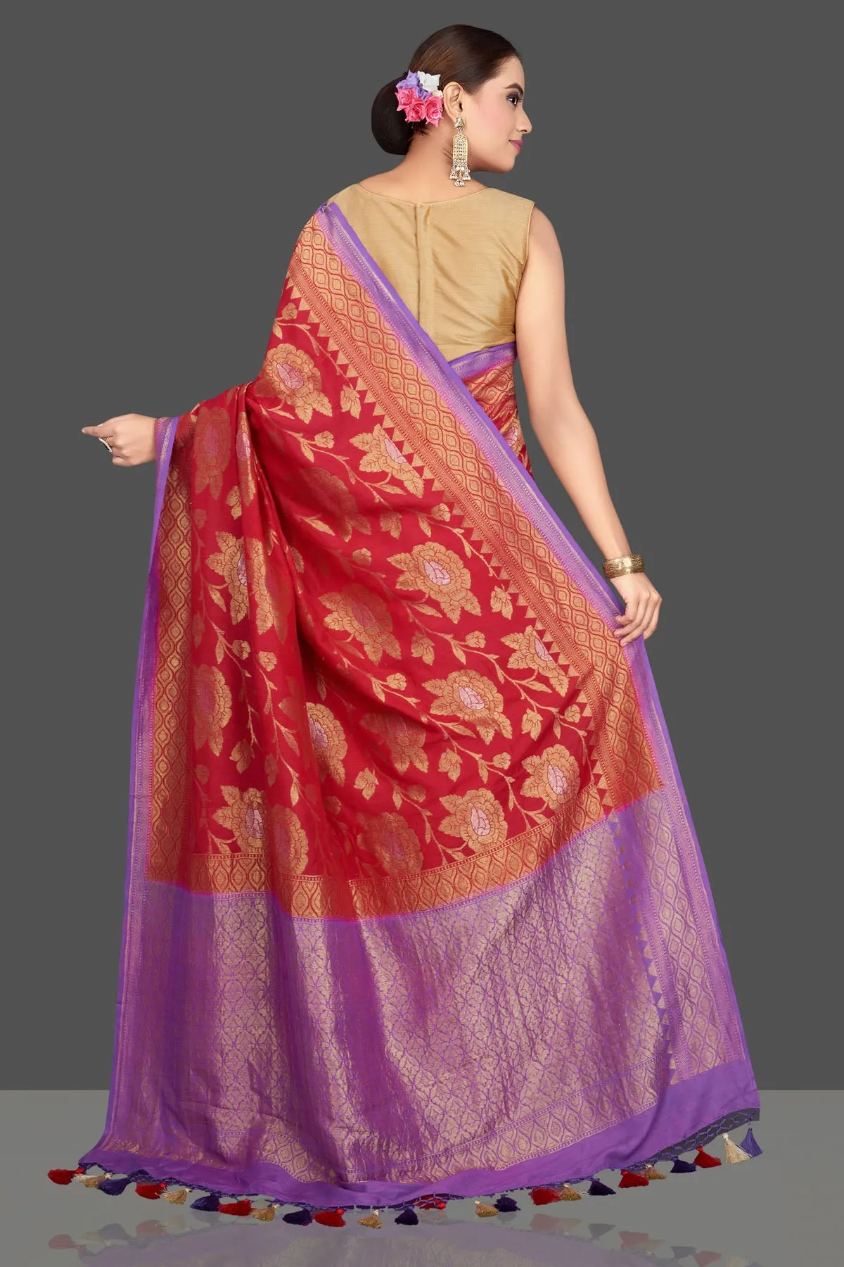 90K572-RO Red Katan Silk Saree with Purple Zari Pallu