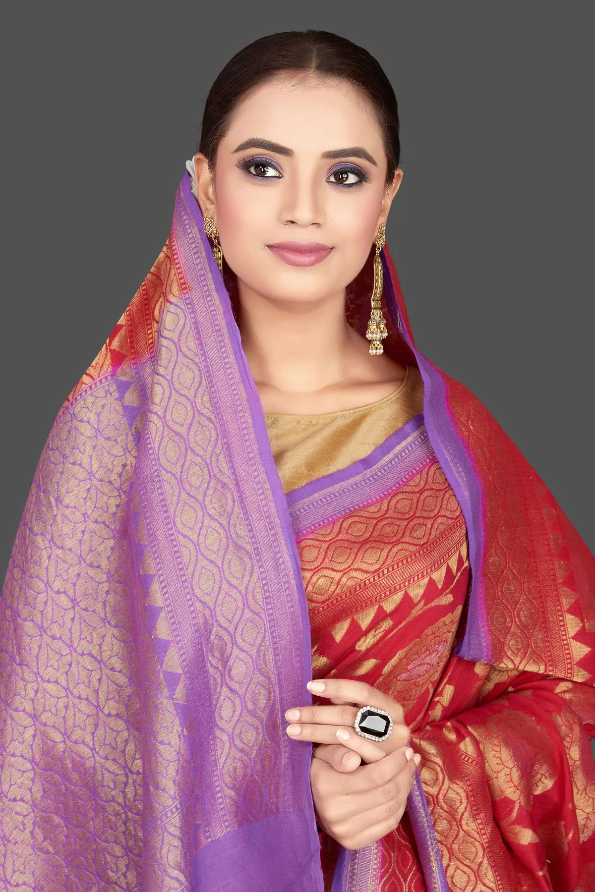 90K572-RO Red Katan Silk Saree with Purple Zari Pallu