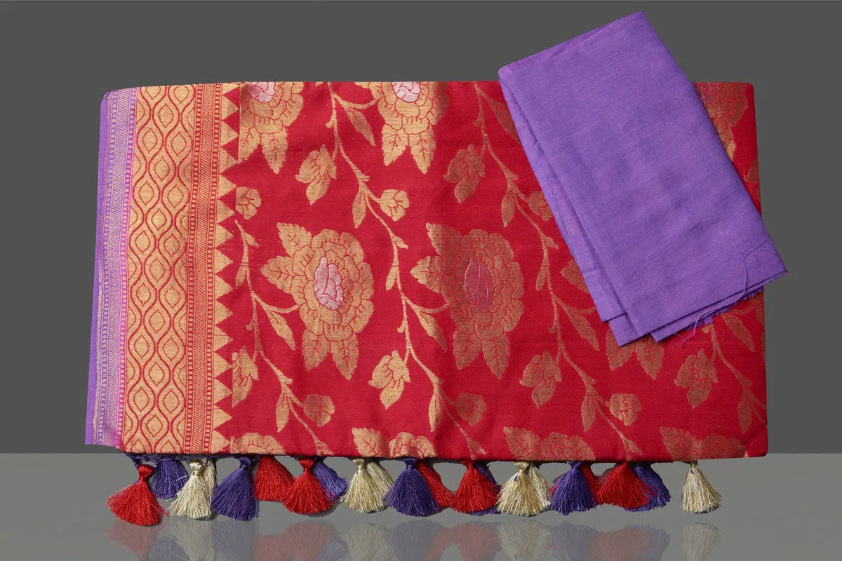 90K572-RO Red Katan Silk Saree with Purple Zari Pallu