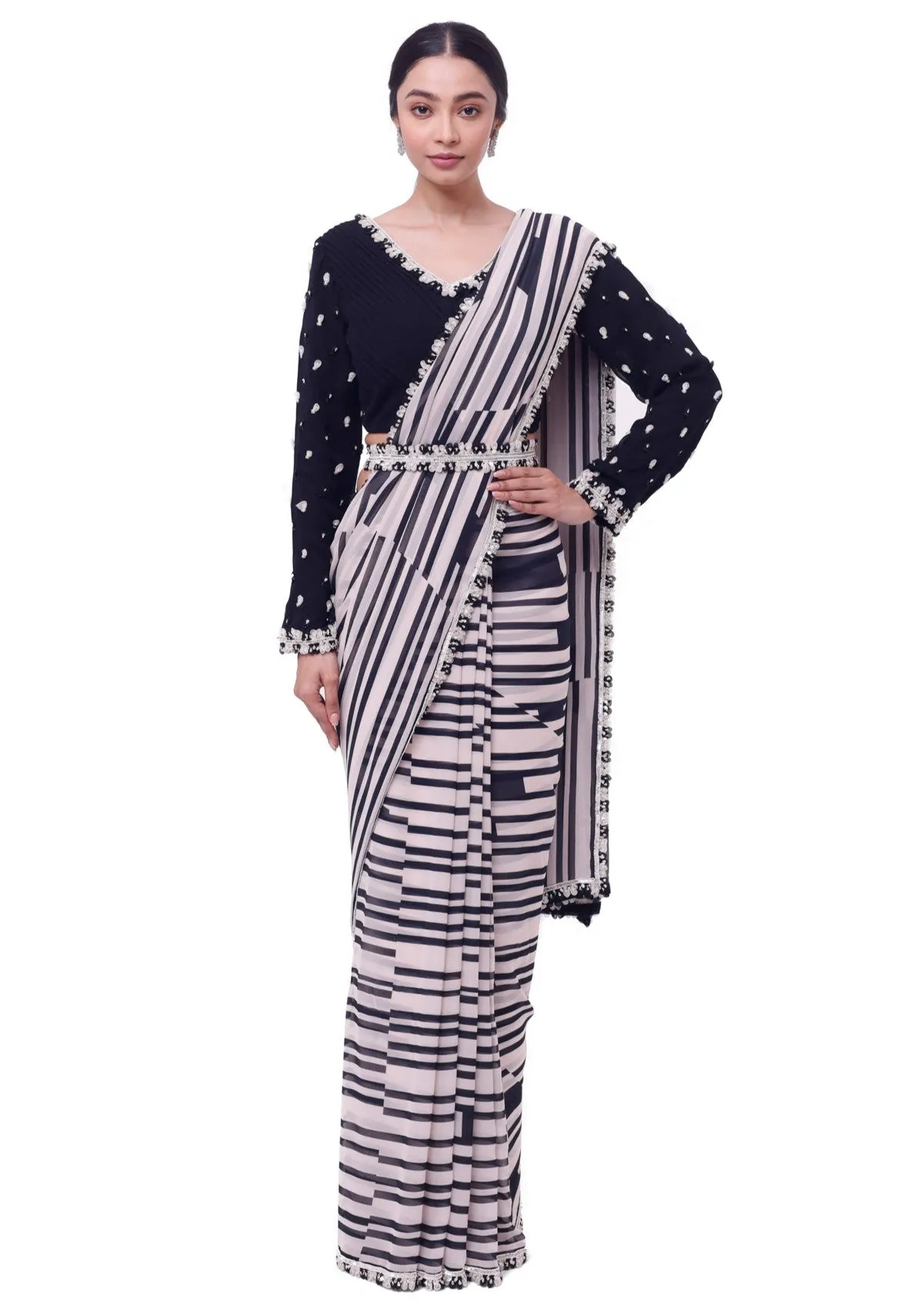 92A114 White And Black Stripes Georgette Saree with Black Blouse