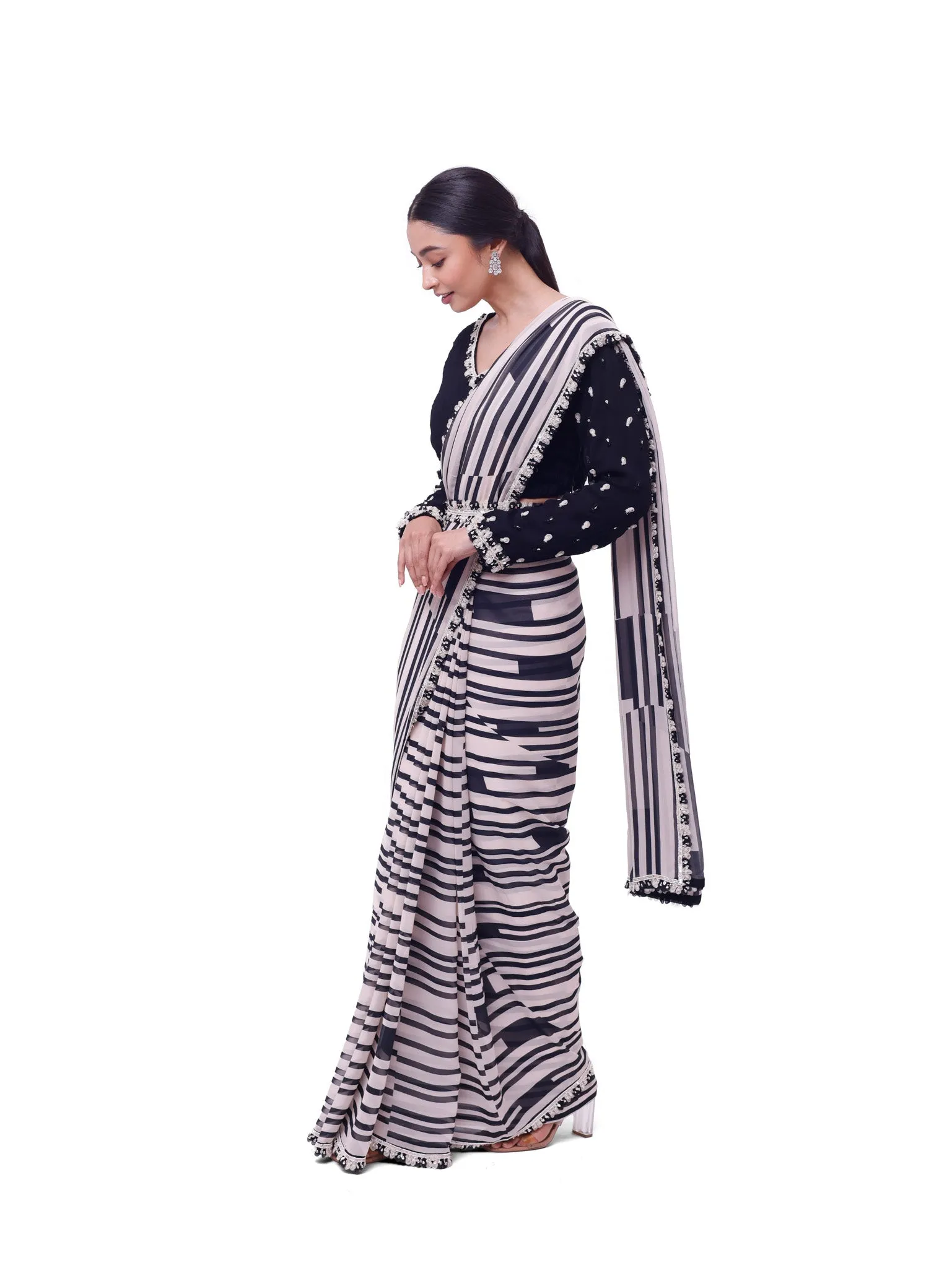 92A114 White And Black Stripes Georgette Saree with Black Blouse