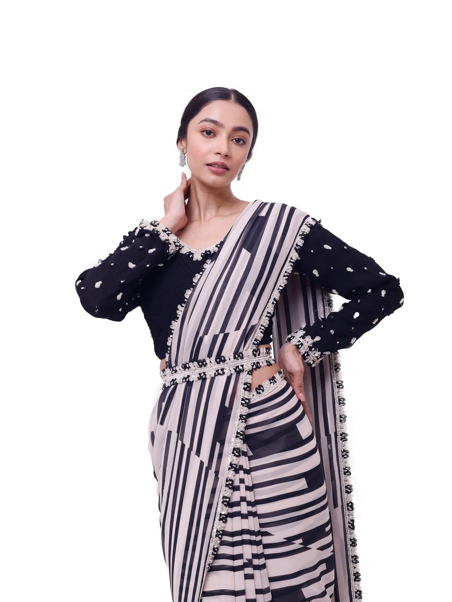 92A114 White And Black Stripes Georgette Saree with Black Blouse