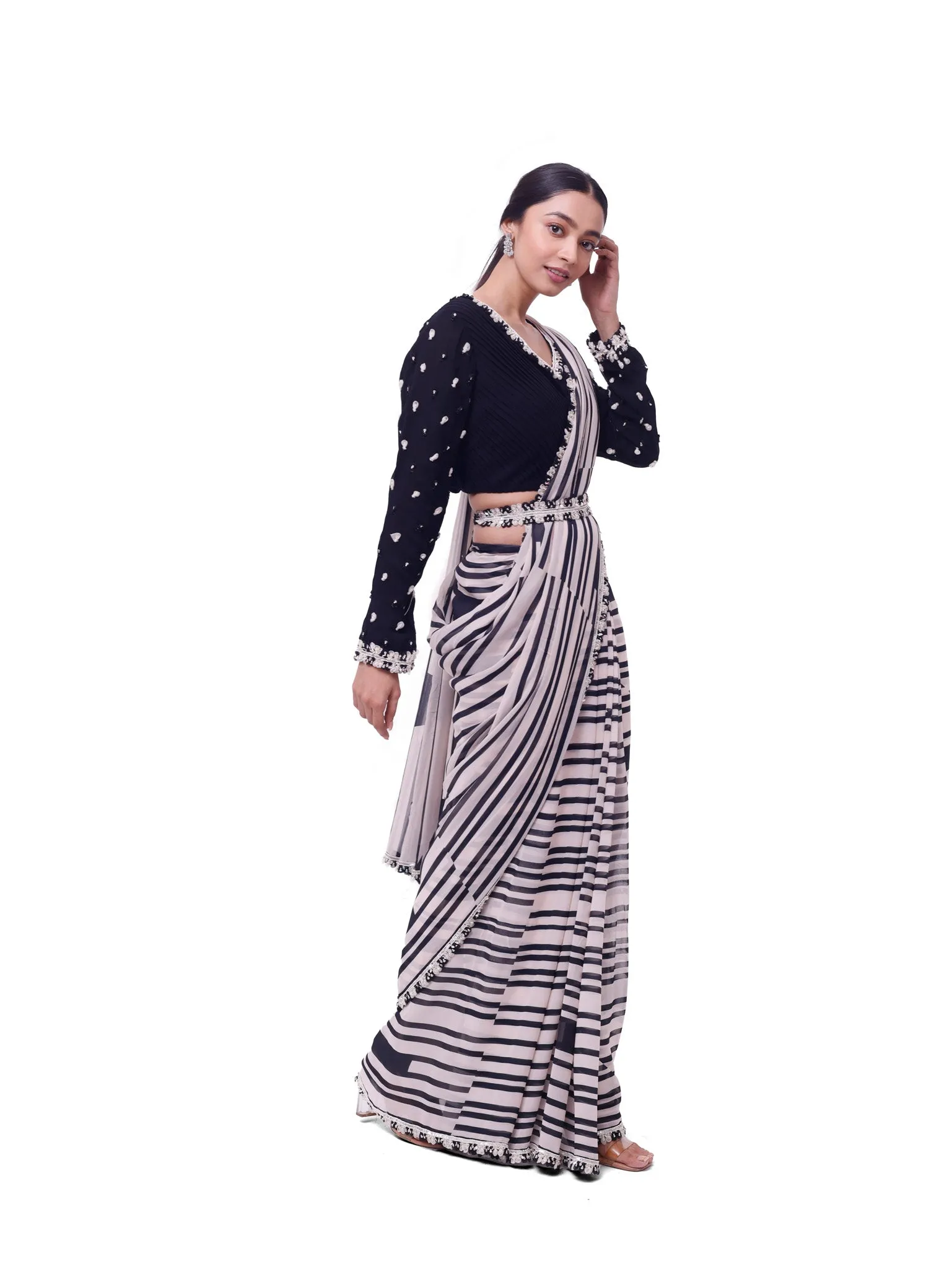 92A114 White And Black Stripes Georgette Saree with Black Blouse