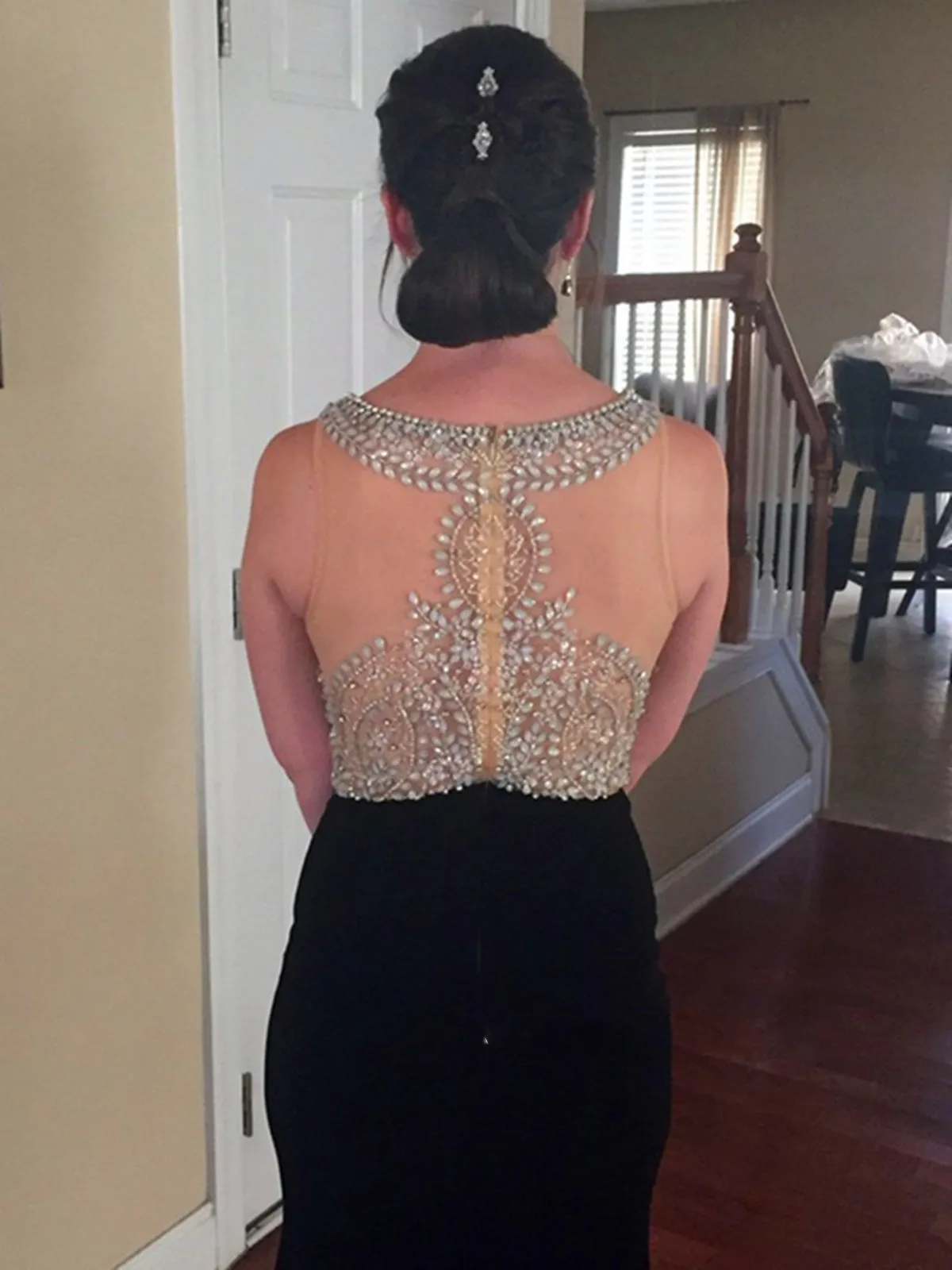 A Line Round Neck Beaded Black Prom Dresses, Black Formal Dresses, Evening Dresses