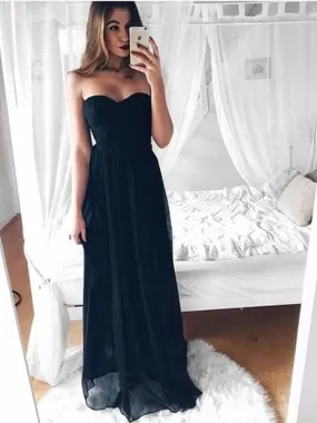 A Line Sweetheart Neck Long Black Chiffon Prom Dresses, Black Bridesmaid Dress, Formal Dresses