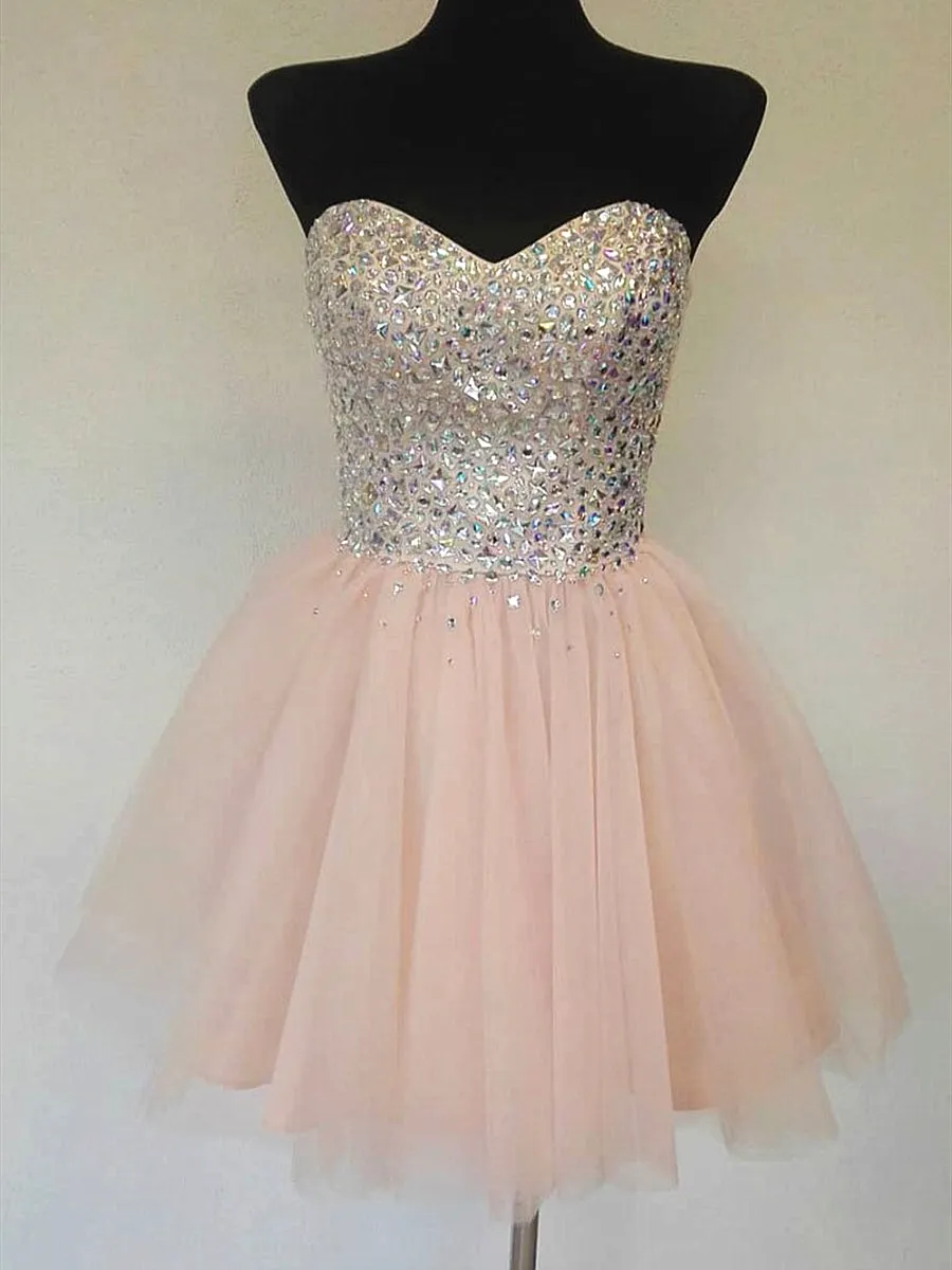 A Line Sweetheart Neck Sequins Pink Short Prom Dresses, Sequins Pink Homecoming Dresses, Pink Formal Graduation Evening Dresses