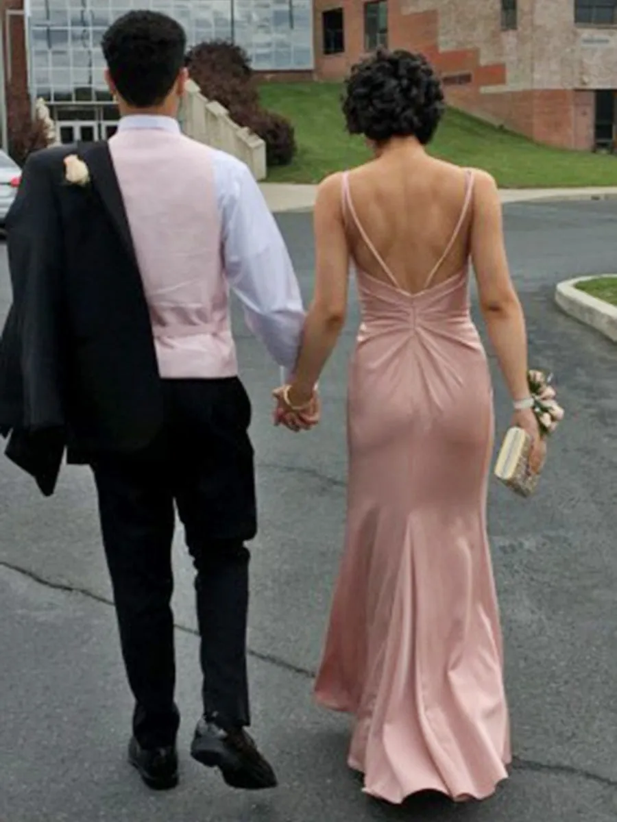 A Line V Neck Backless Pink Satin Long Prom Dresses with Split, V Neck Backless Pink Formal Dresses, Backless Pink Evening Dresses