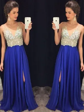 A Line V Neck Blue Prom Dresses, Blue Formal Dresses, Evening Dresses