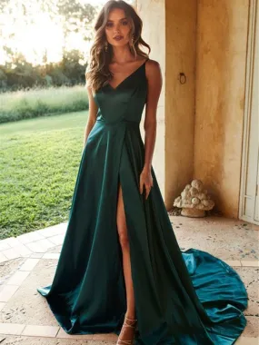 A Line V Neck High Split Green Satin Long Prom Dresses with Train, Green Formal Dresses, Evening Dresses 2019