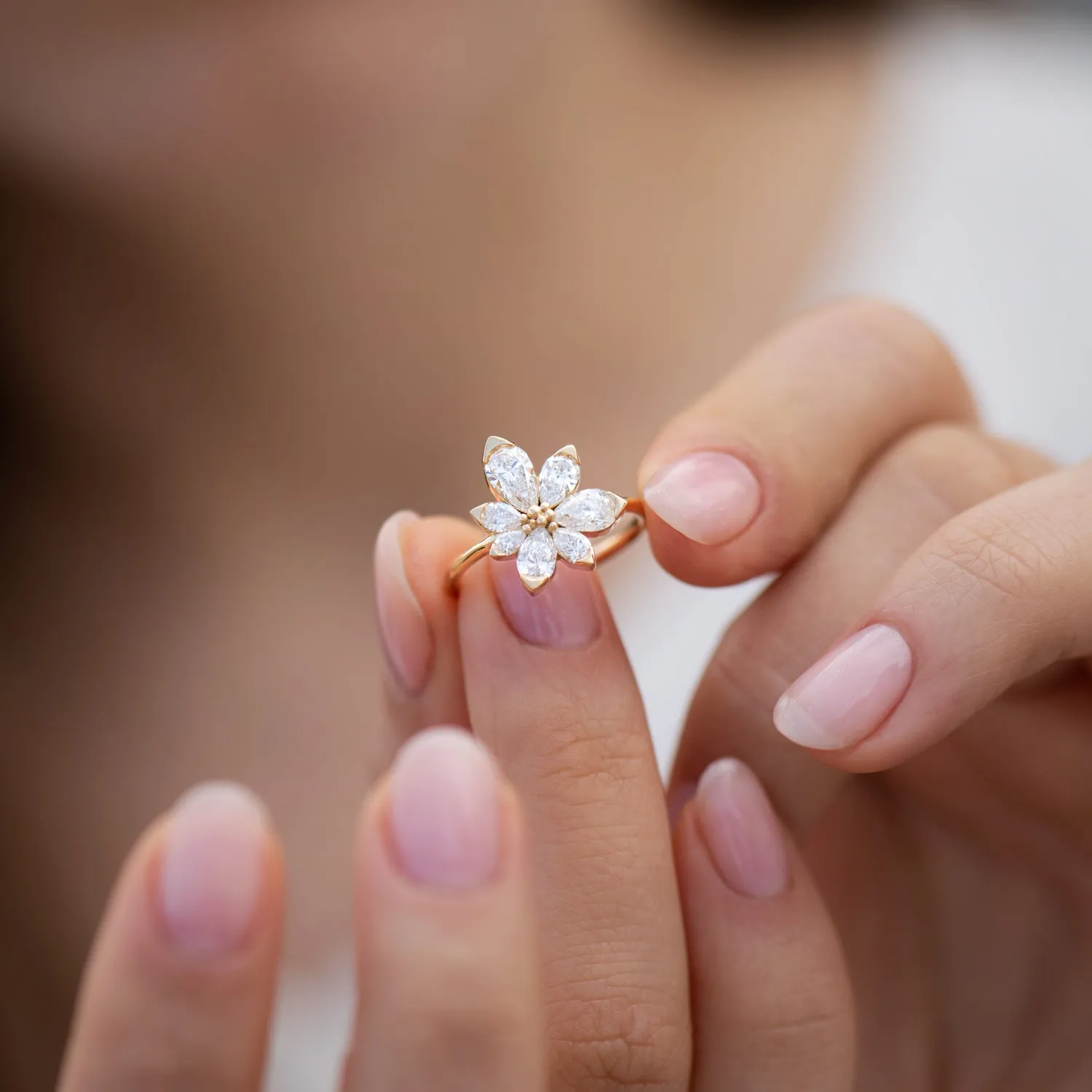 Asymmetric Blossom Engagement Ring with Pear Cut Diamonds