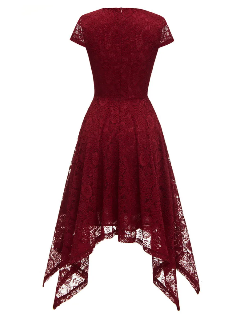 Autumn Lace Crew Neck Cap Sleeve Irregular Hem 50s Party Dress