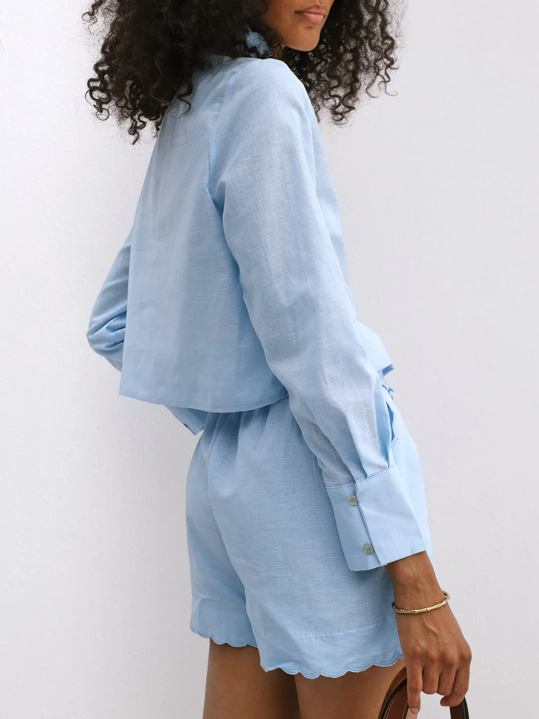 Aveline Scalloped Edge Linen Shirt | Pale Blue