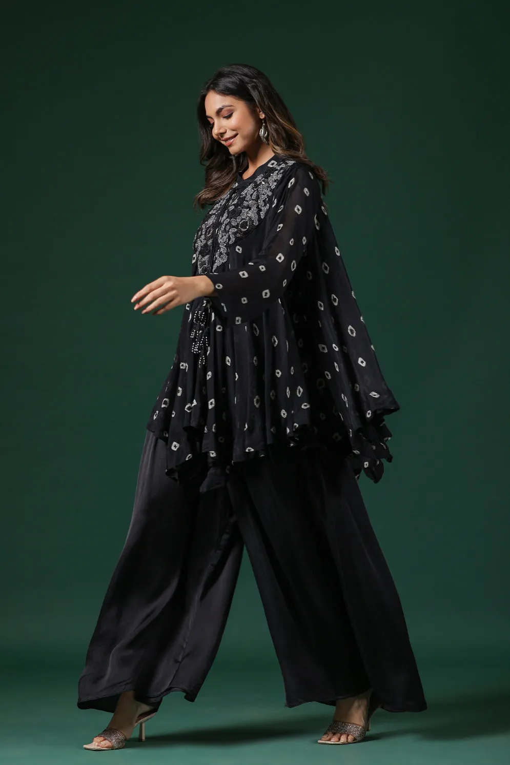 Black Embellished Tie Dye Premium Chinon Silk Co-Ord Set