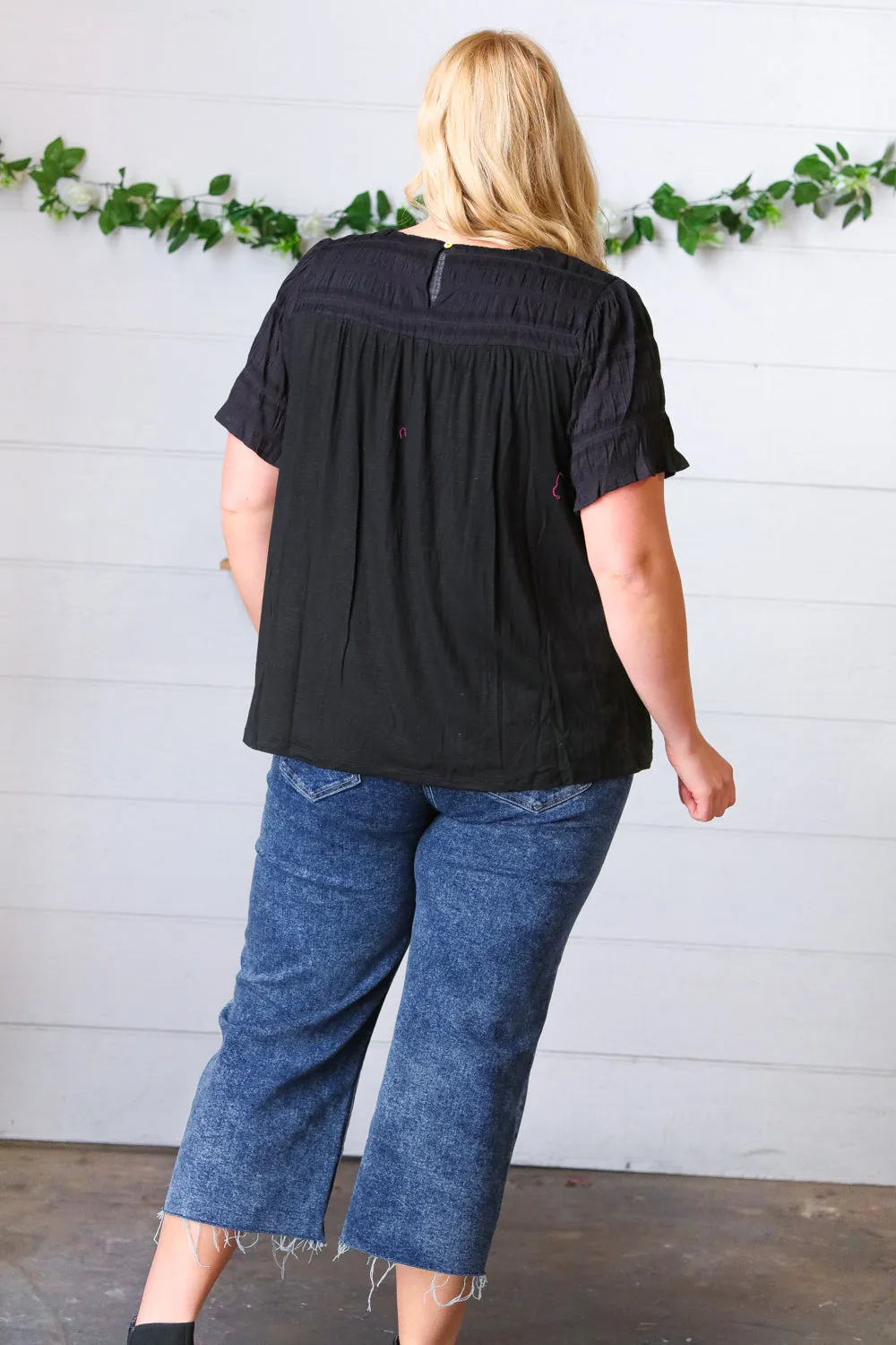 Black Embroidered Smocked Top