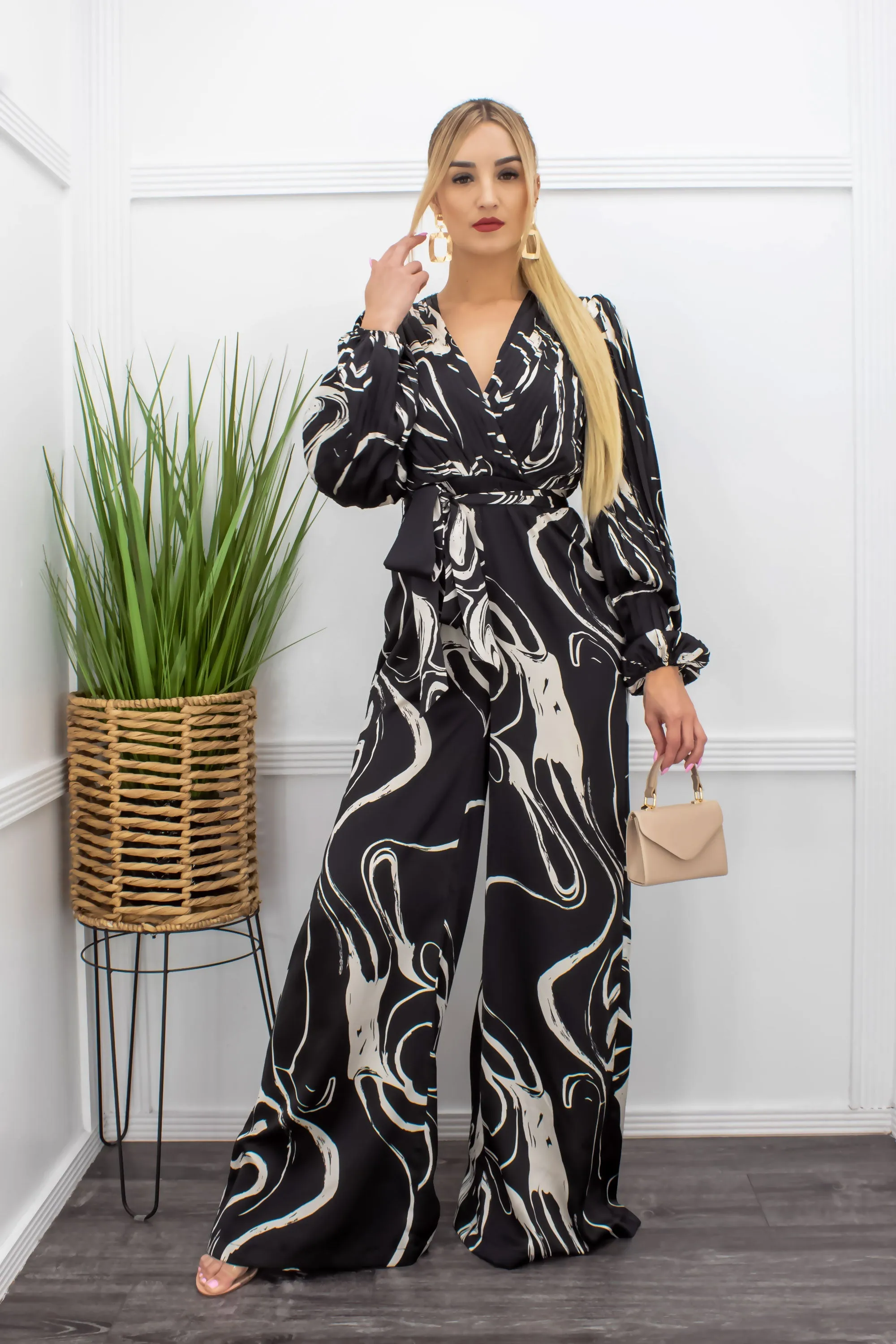 Black Long Sleeve Satin Belted Jumpsuit