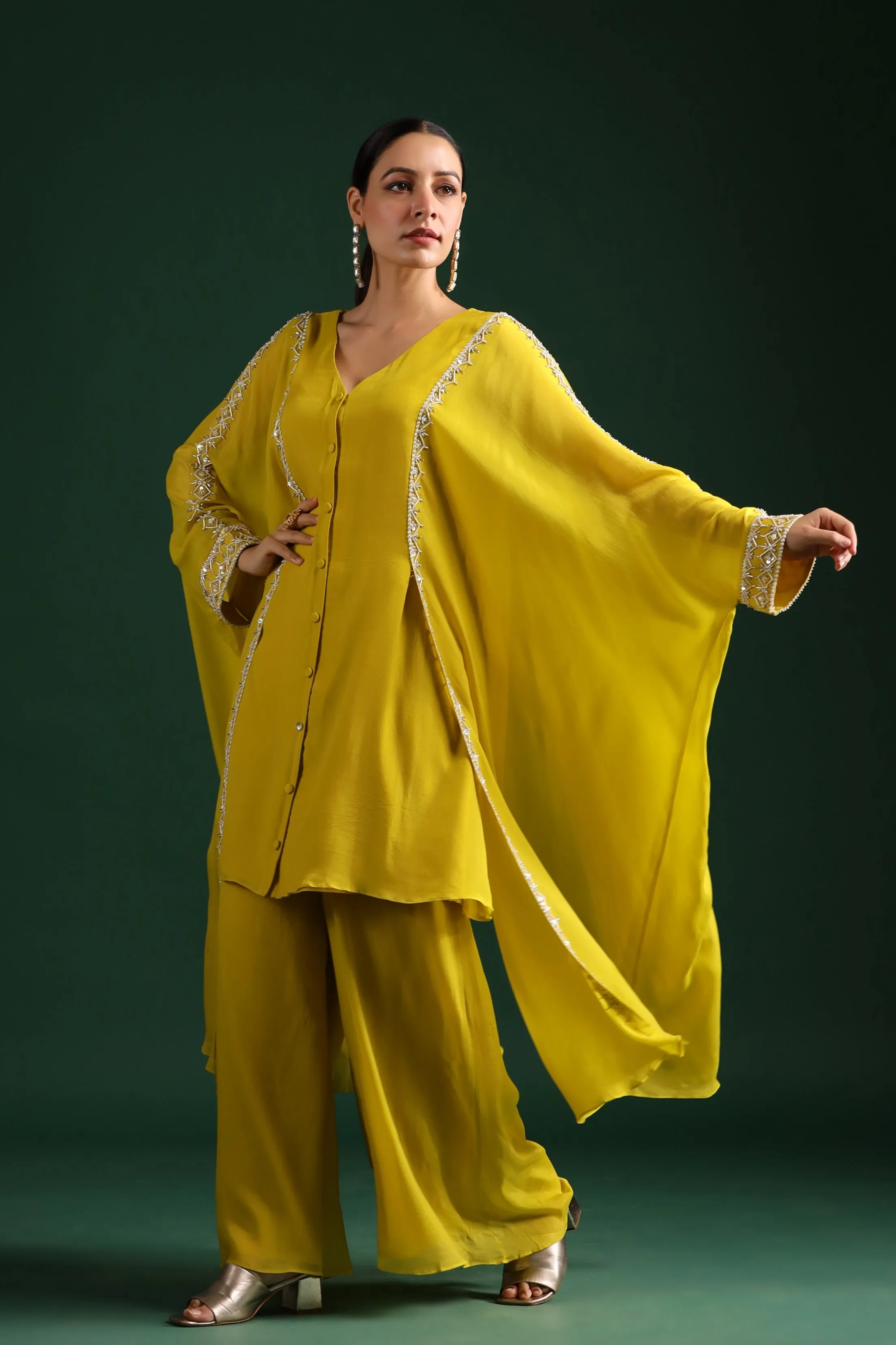 Bright Yellow Embellished Swiss Georgette Cape Co-Ord Set