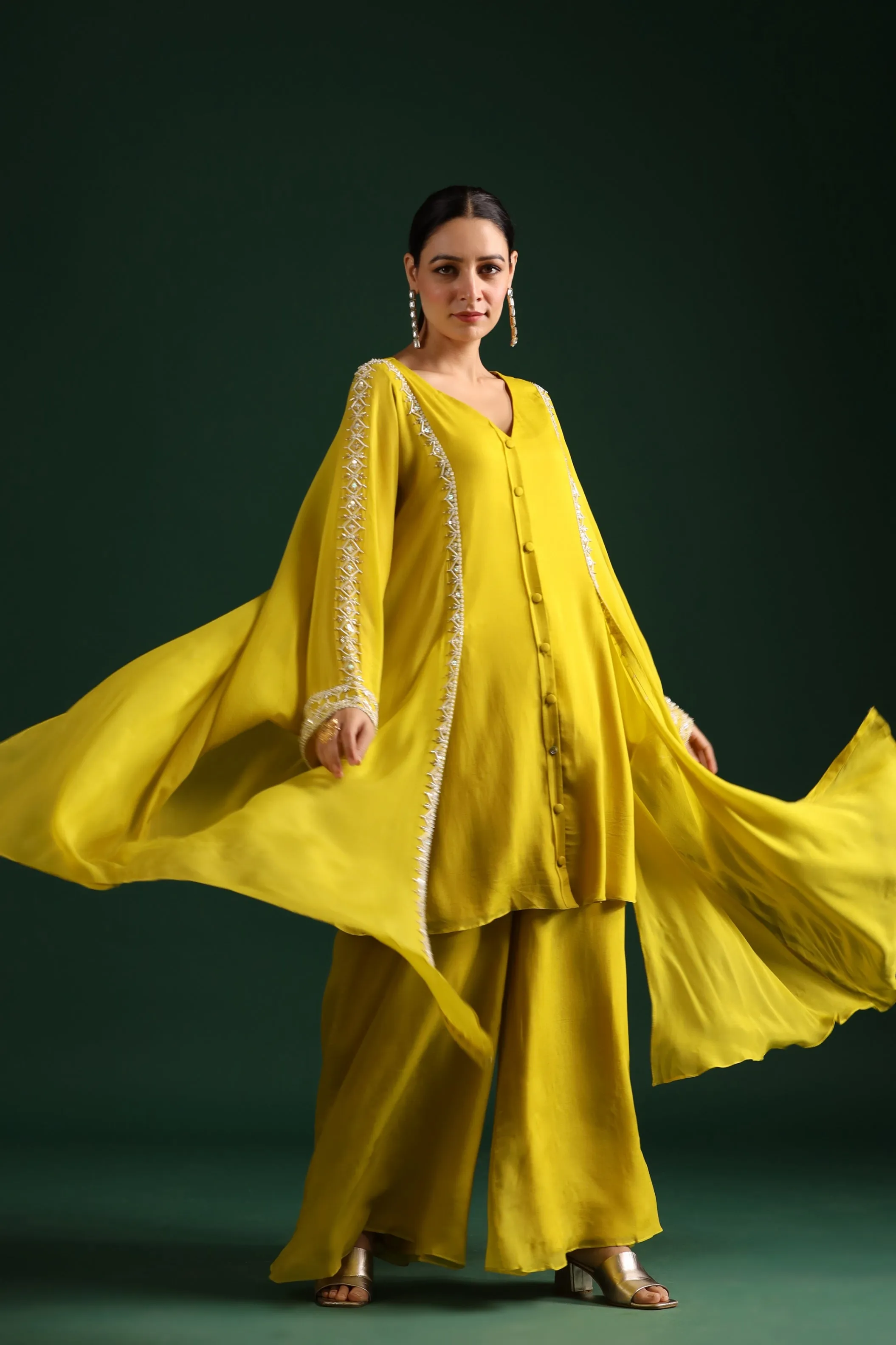 Bright Yellow Embellished Swiss Georgette Cape Co-Ord Set