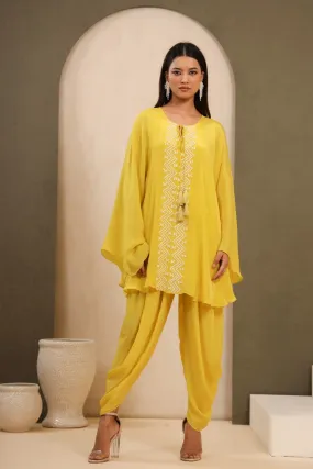 Bright Yellow Habutai Silk Embellished Tunic &amp; Dhoti