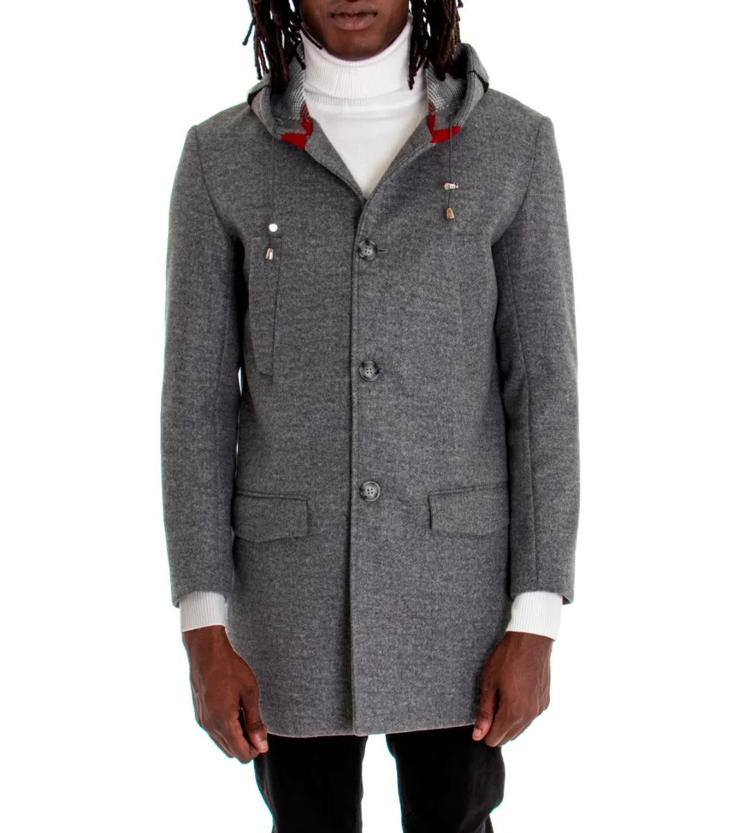 Cappotto Monopetto Uomo Giacca Giaccone Con Cappuccio In Lana Grigio Scuro Baronetto  Elegante GIOSAL-G2770A