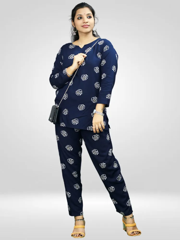 Casual Navy Blue Printed Co-ord Set for Women's in Comfortable Rayon