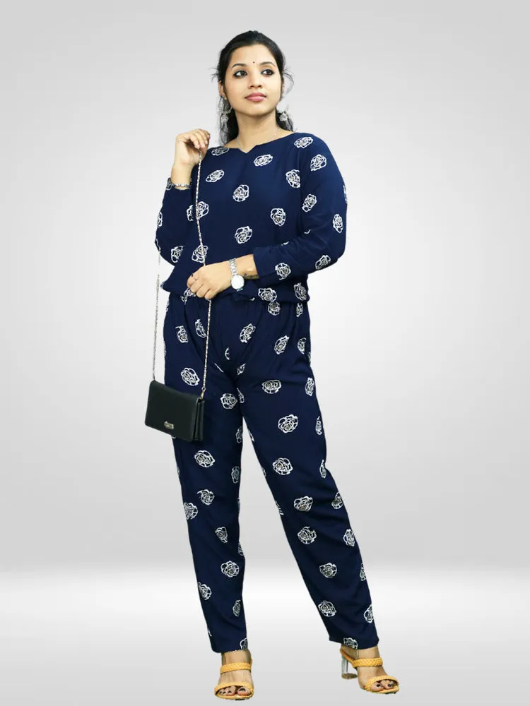 Casual Navy Blue Printed Co-ord Set for Women's in Comfortable Rayon