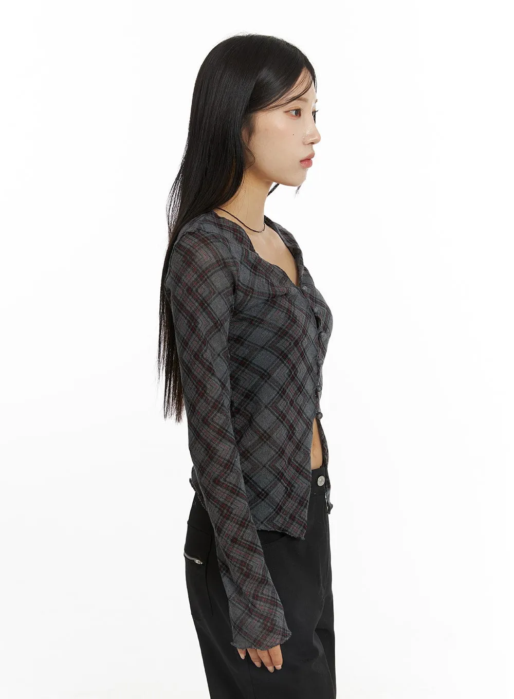 Checkered Ruffle Hem Long Sleeve Blouse CF401