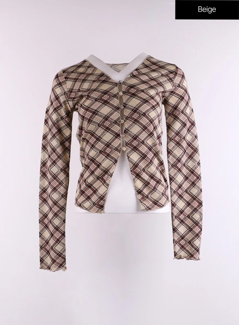 Checkered Ruffle Hem Long Sleeve Blouse CF401