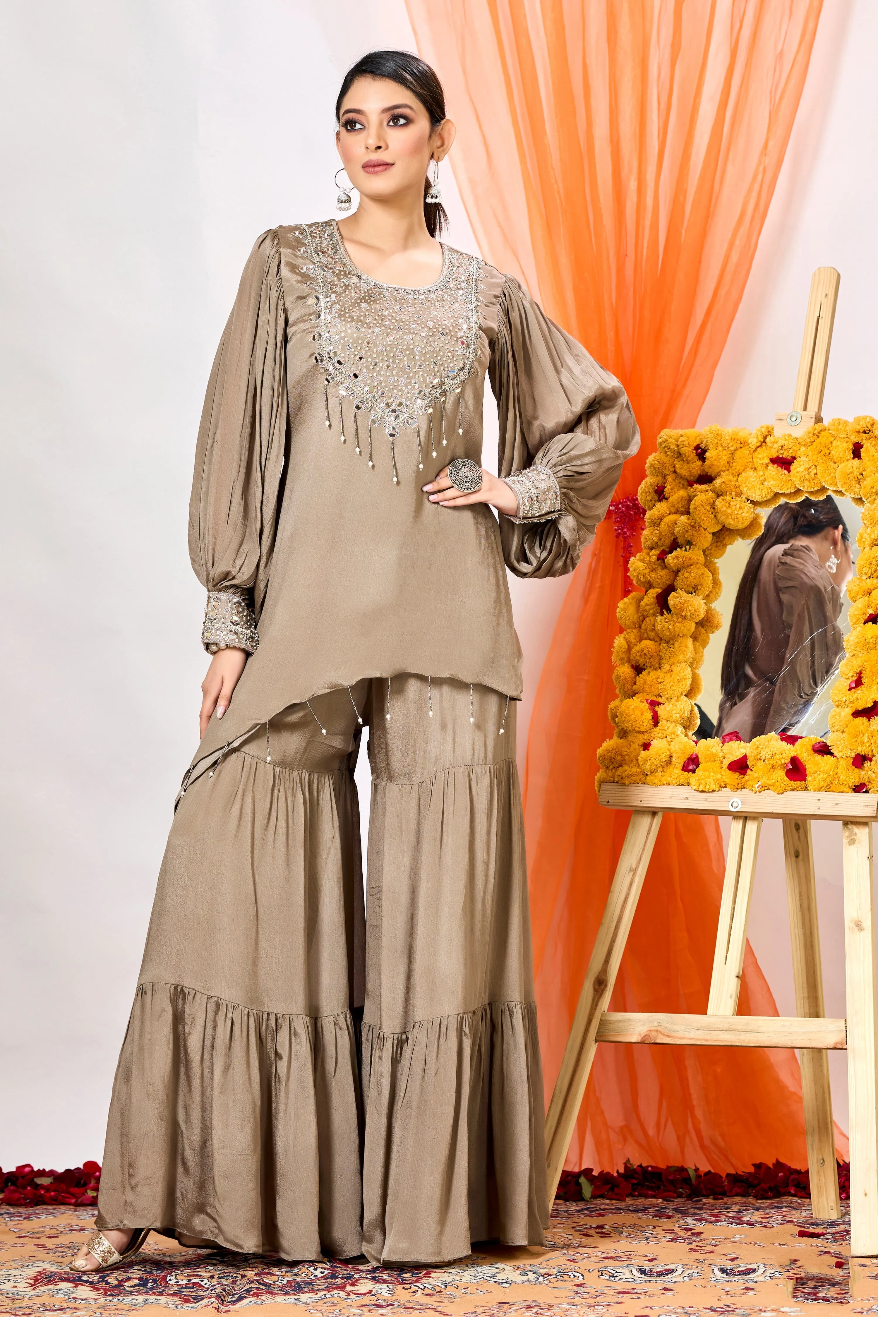 Classic Brown Embellished Chinon Silk Tunic & Sharara Set