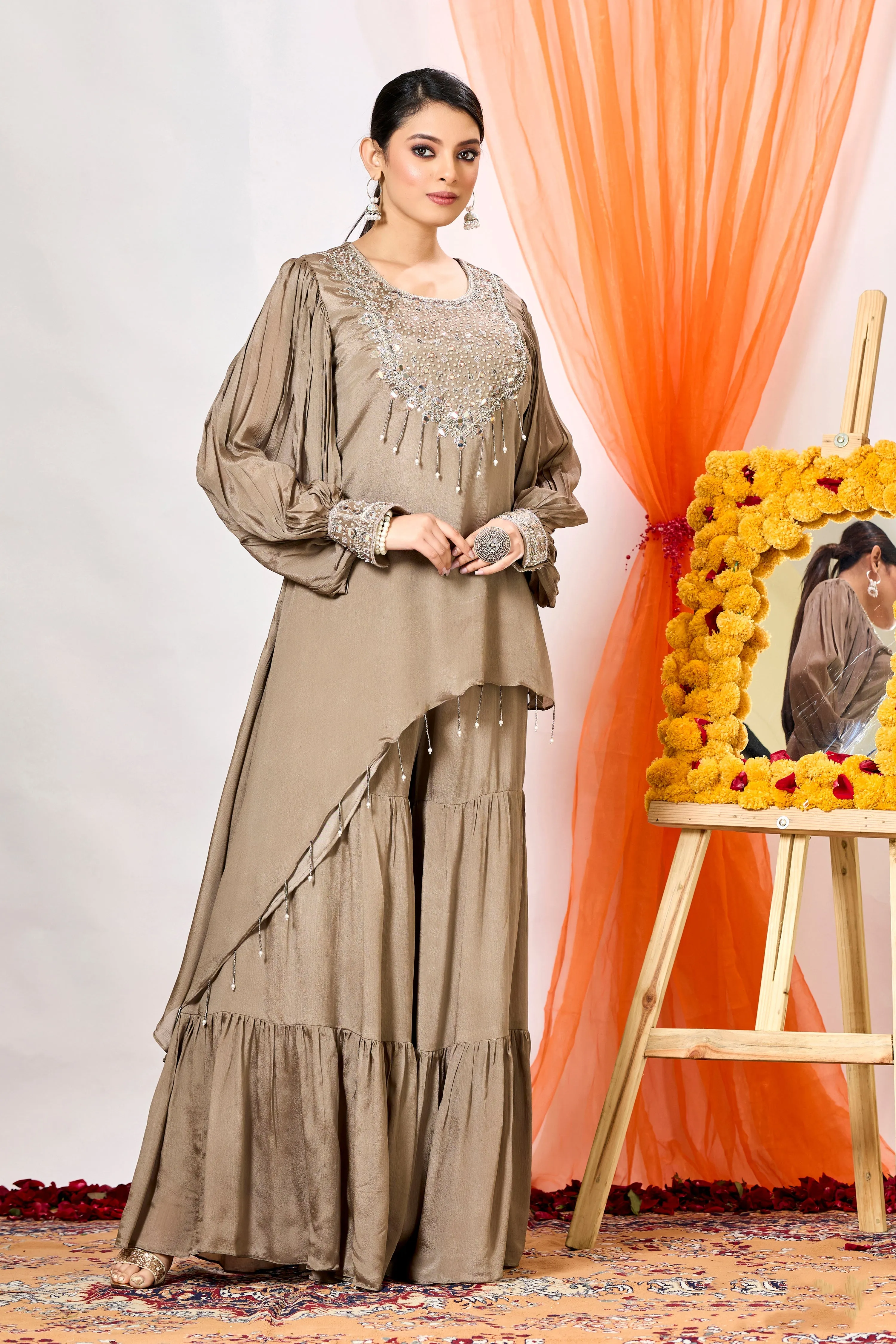 Classic Brown Embellished Chinon Silk Tunic & Sharara Set