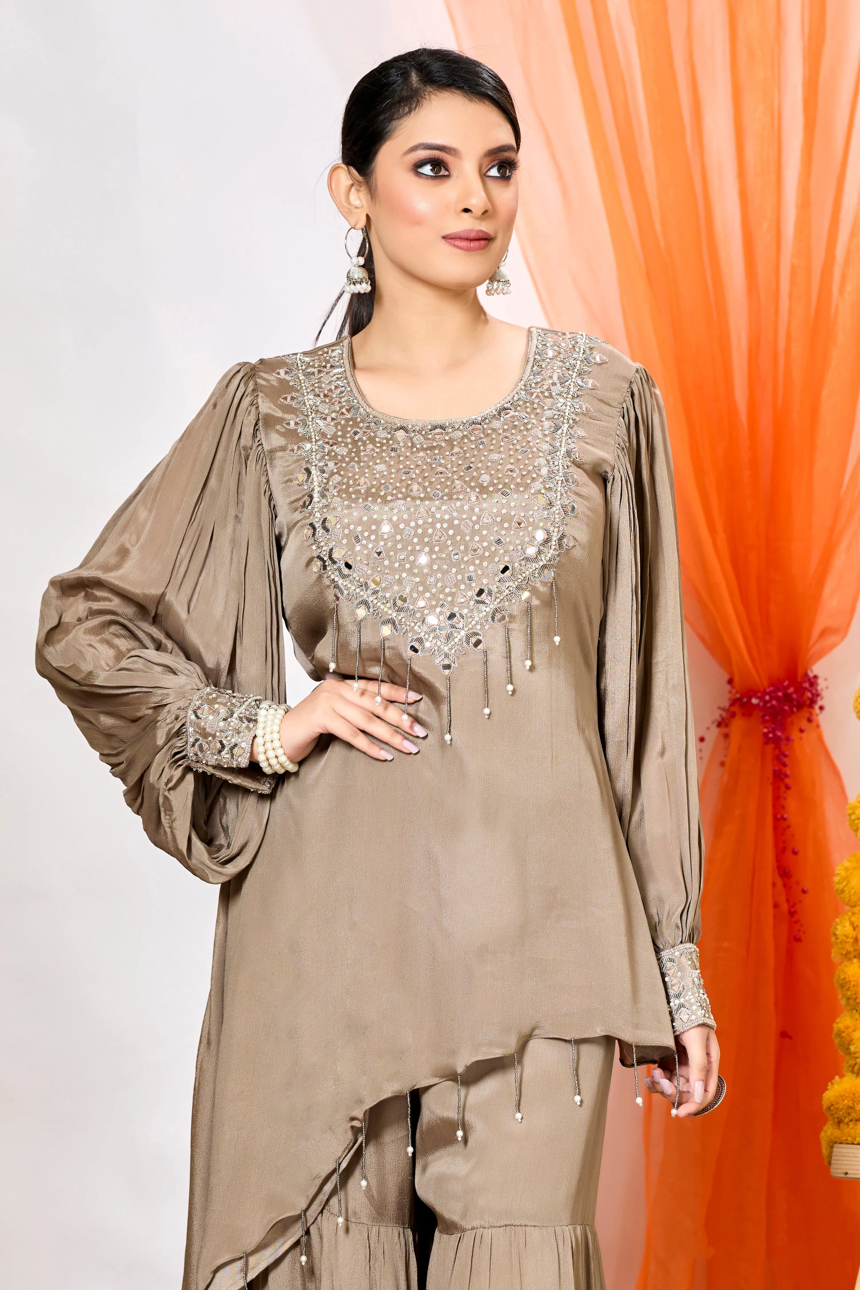 Classic Brown Embellished Chinon Silk Tunic & Sharara Set