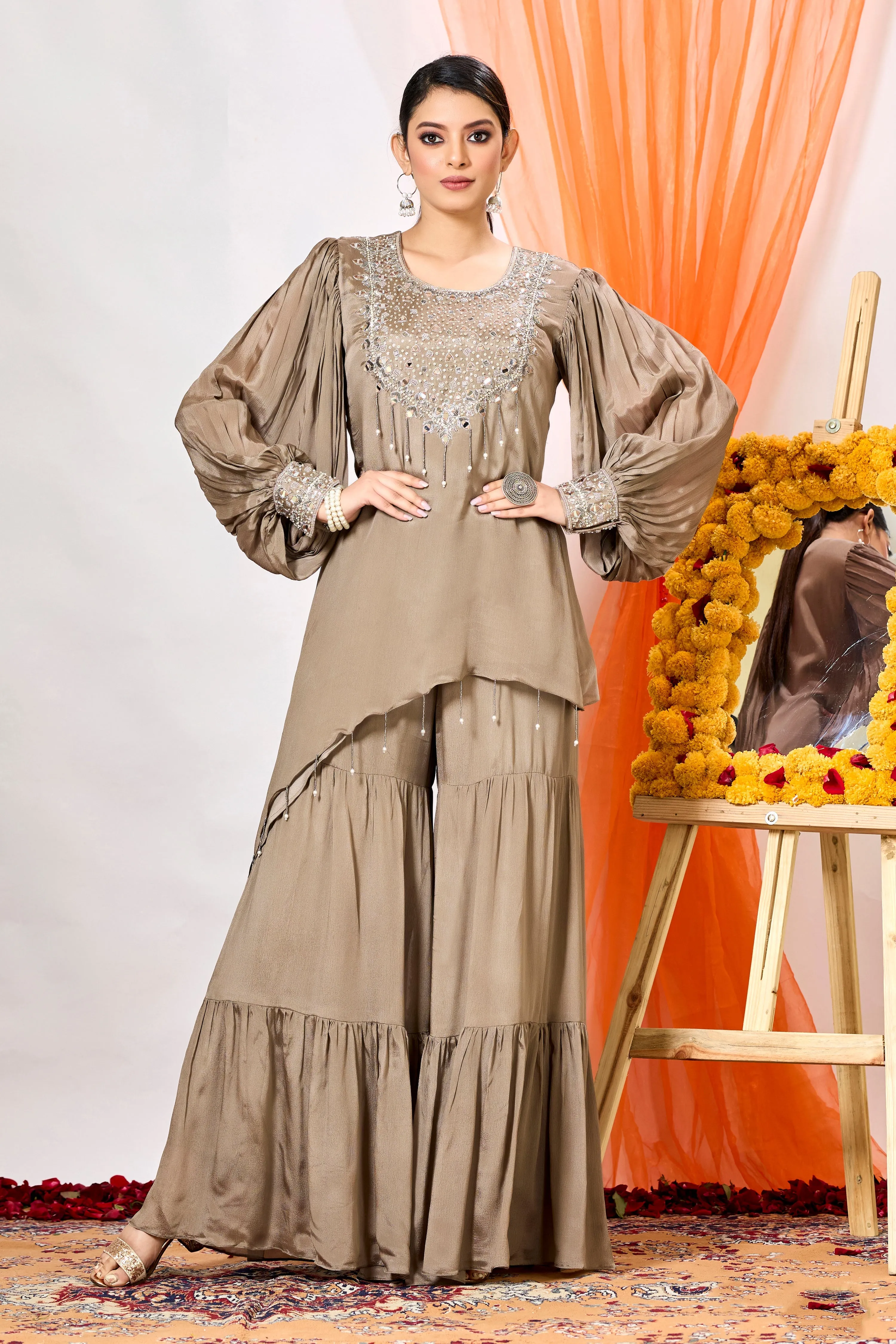 Classic Brown Embellished Chinon Silk Tunic & Sharara Set