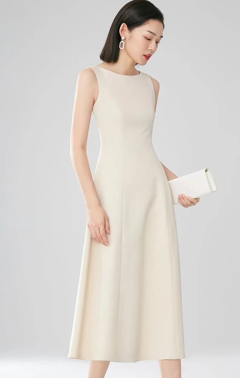 Classic Ivory Round Neck High Waist Sleeveless Dress