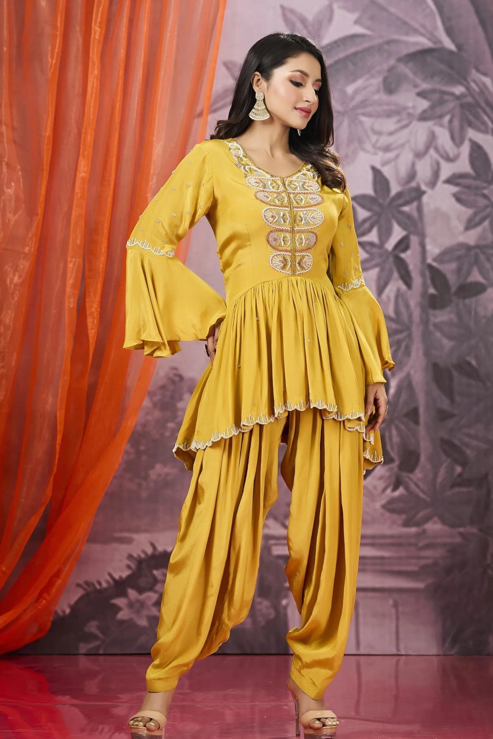 Classic Yellow Embellished Habutai Silk Co-Ord Set