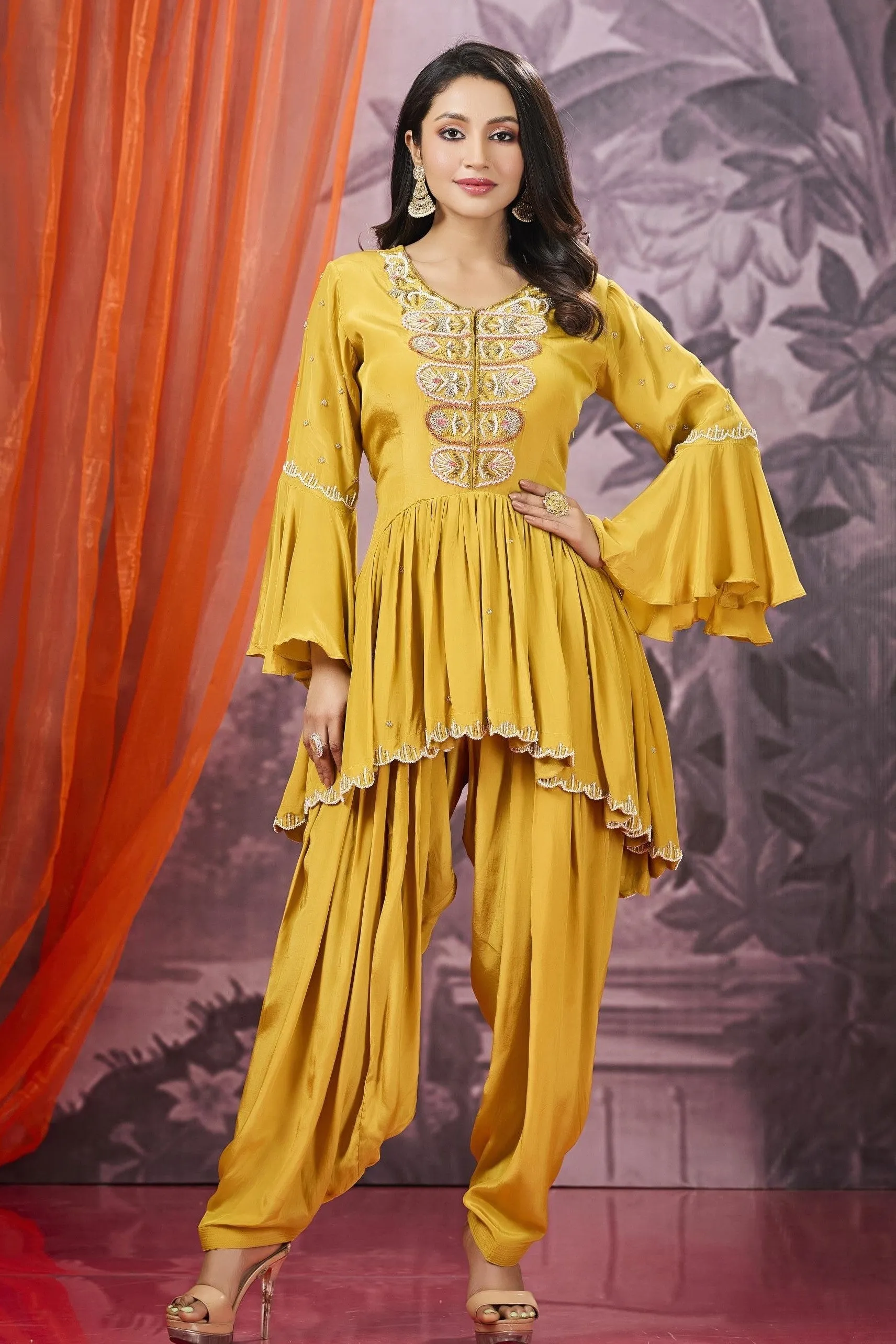 Classic Yellow Embellished Habutai Silk Co-Ord Set