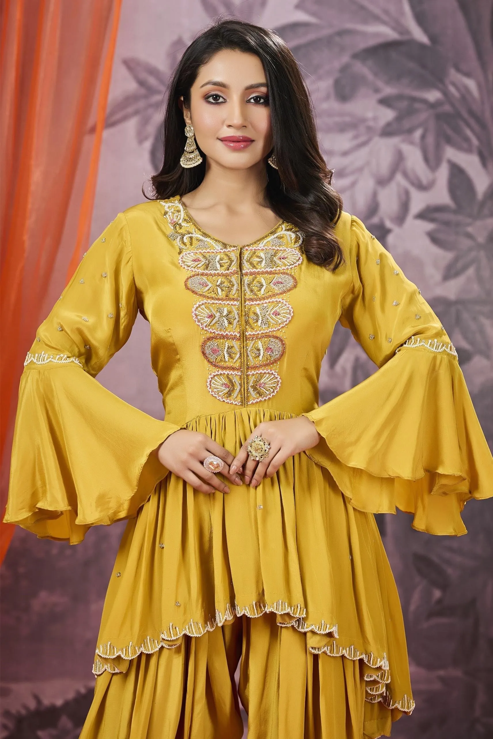 Classic Yellow Embellished Habutai Silk Co-Ord Set