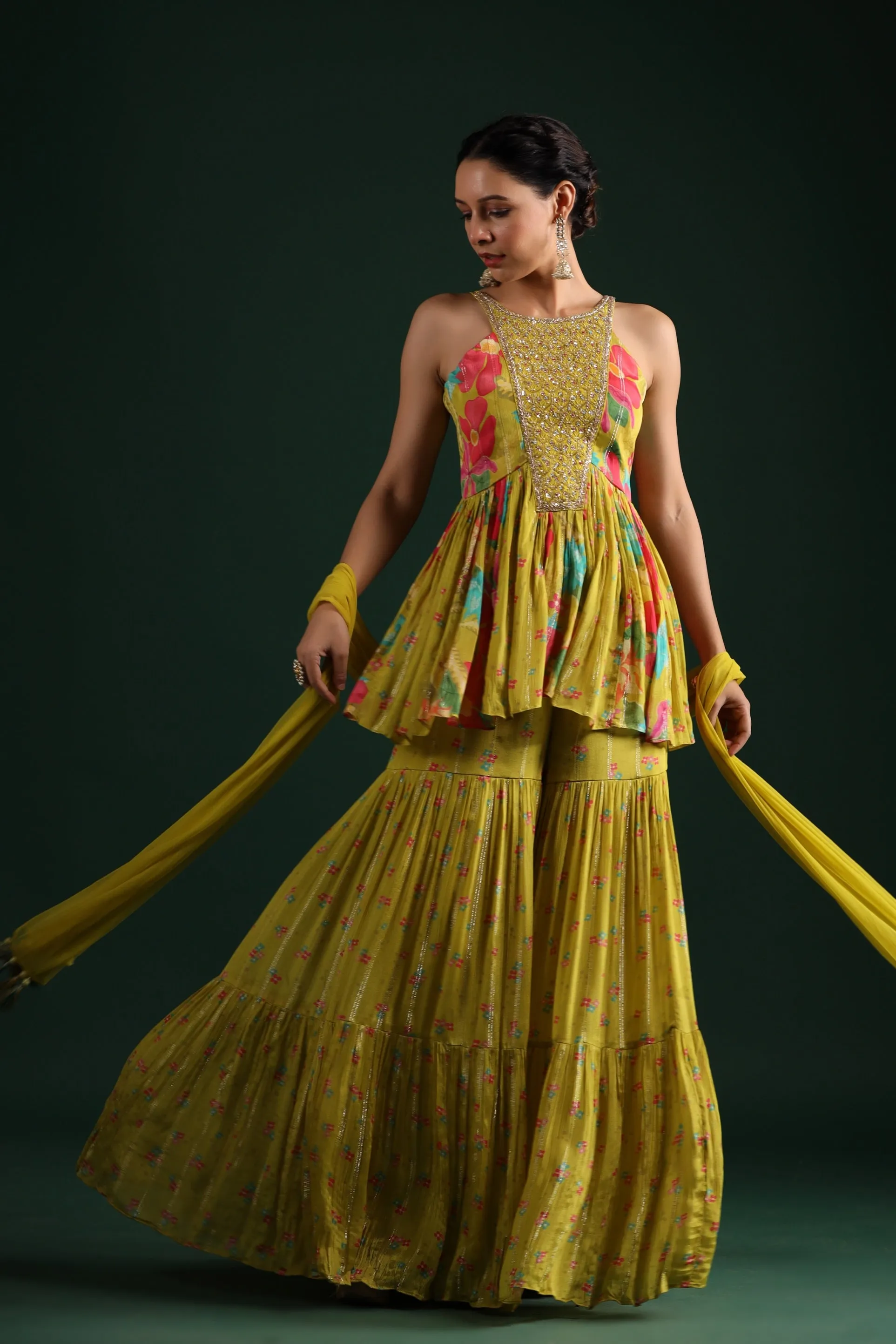 Corn Yellow Floral Printed Embellished Sharara Set