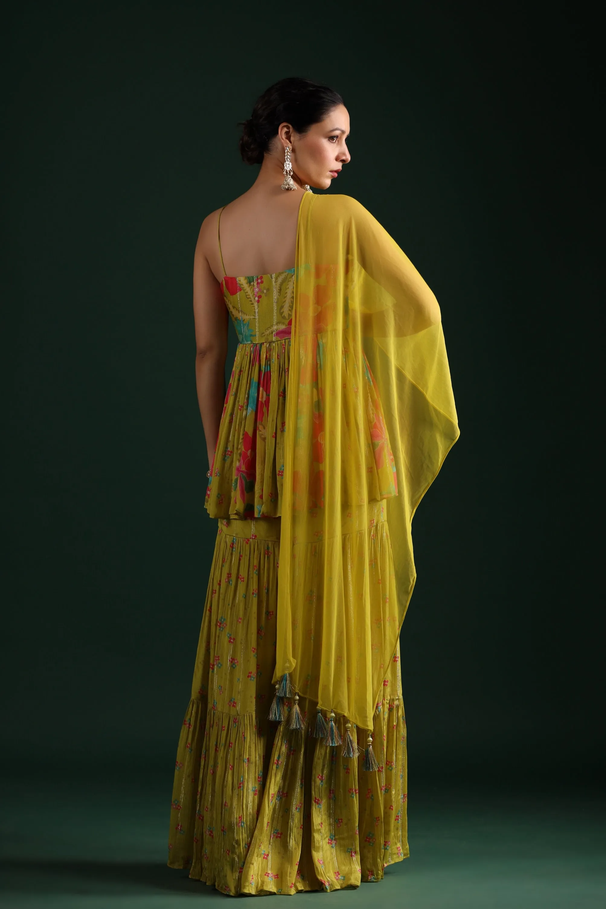 Corn Yellow Floral Printed Embellished Sharara Set