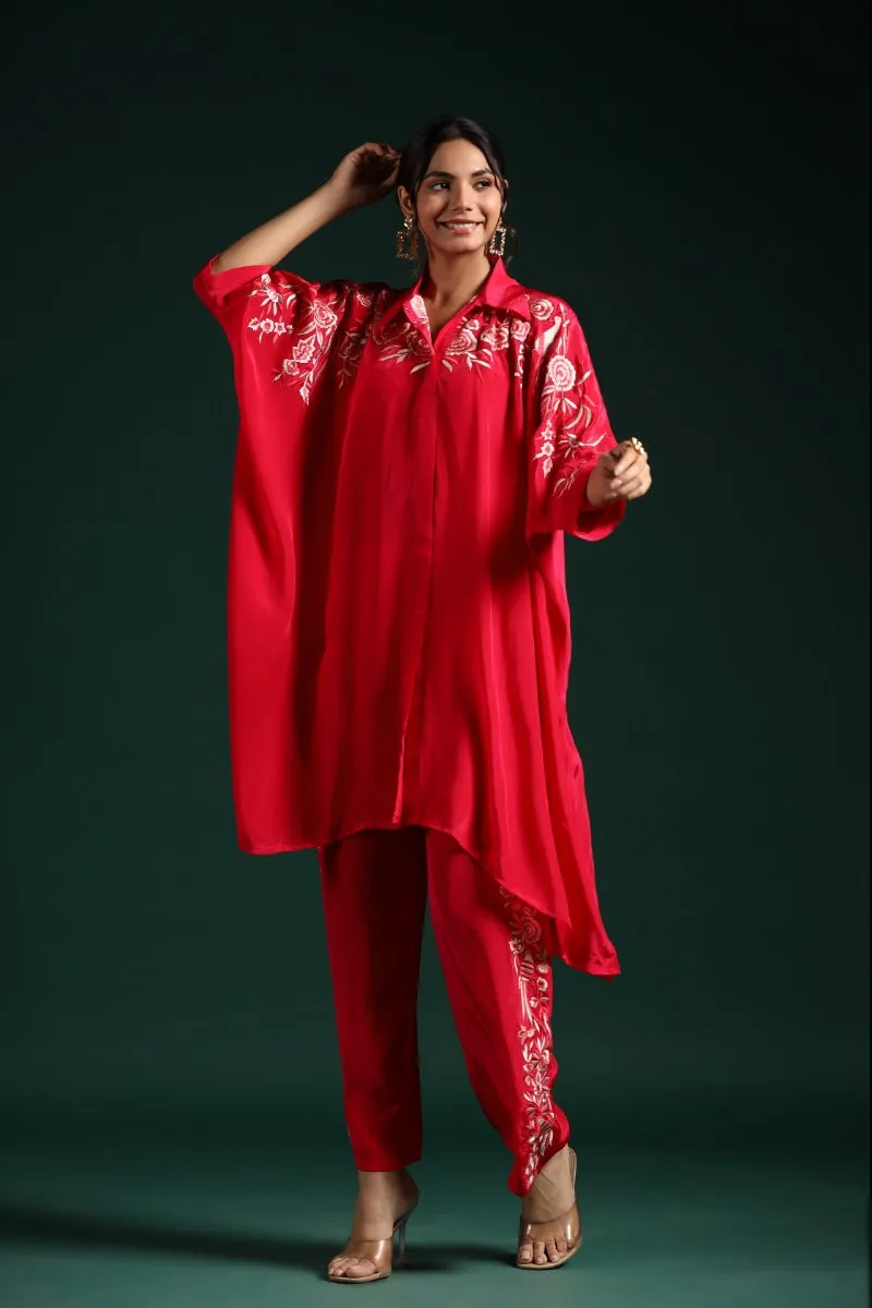 Crimson Red Embroidered Habutai Silk Co-Ord Set