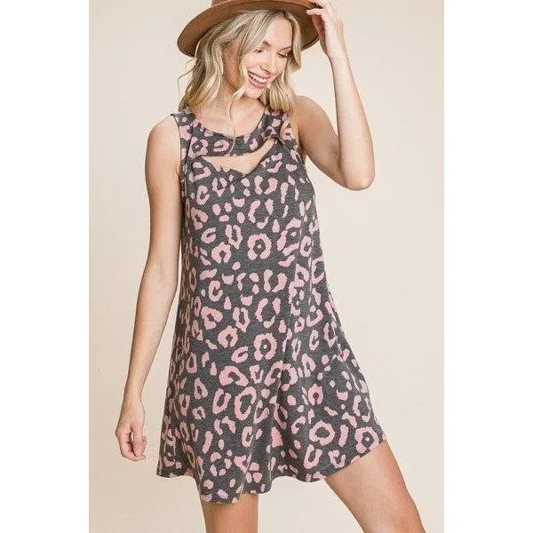 Cute Animal Print Cut Out Neckline Sleeveless Tunic Dress