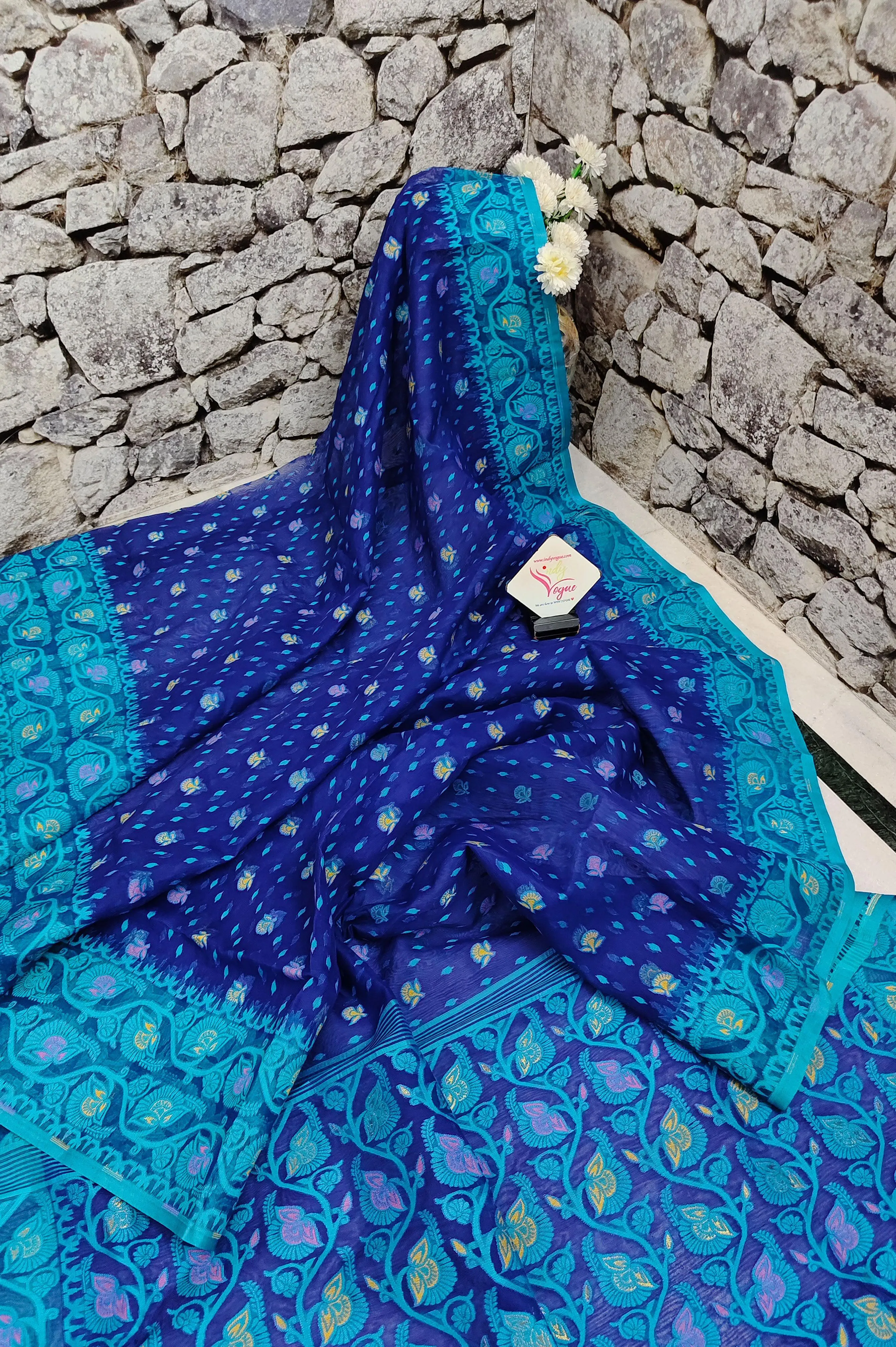 Deep Copper Blue Color Jamdani Saree