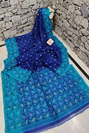 Deep Copper Blue Color Jamdani Saree