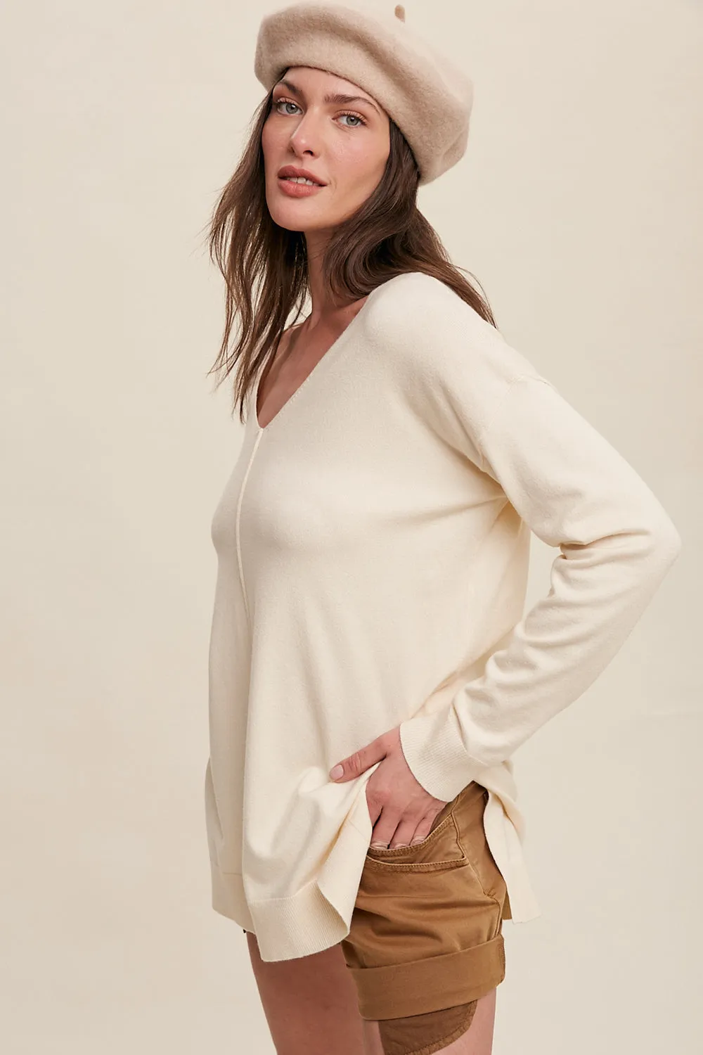 Deep V-neck Loose Fit Pullover Sweater