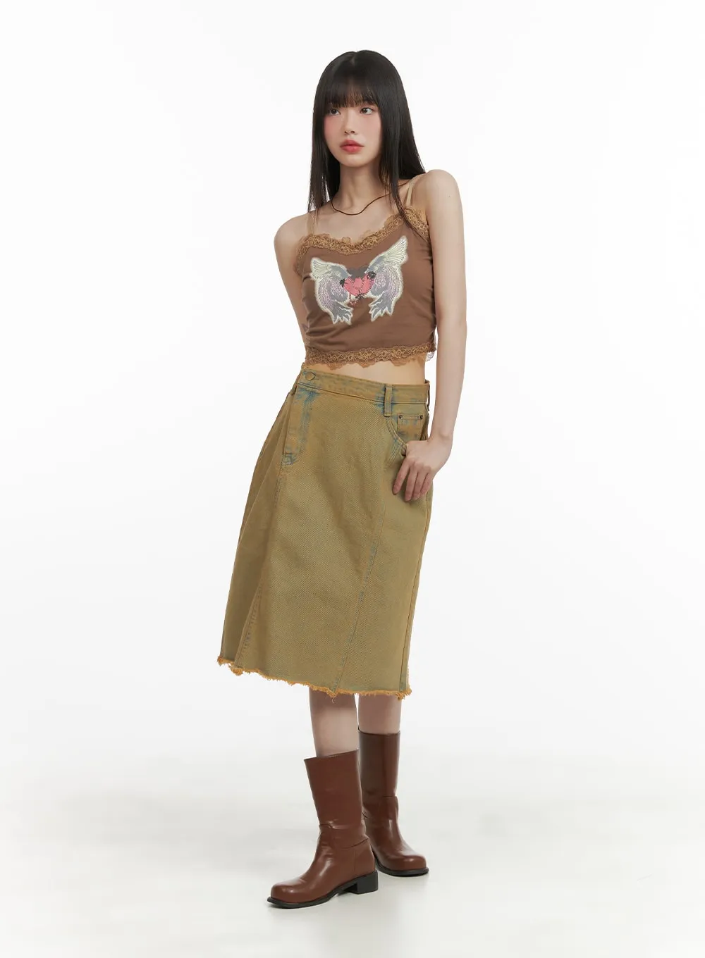 Destroyed Hem Midi Denim Skirt CA412