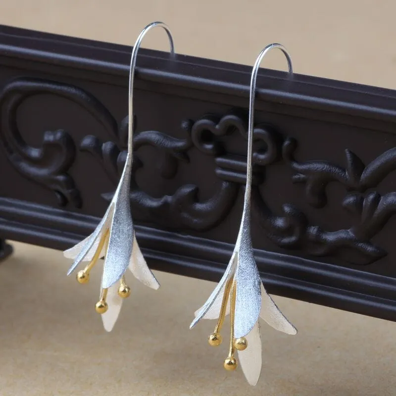 Elegant Lady Flowers Long Earrings - 925 Sterling Silver