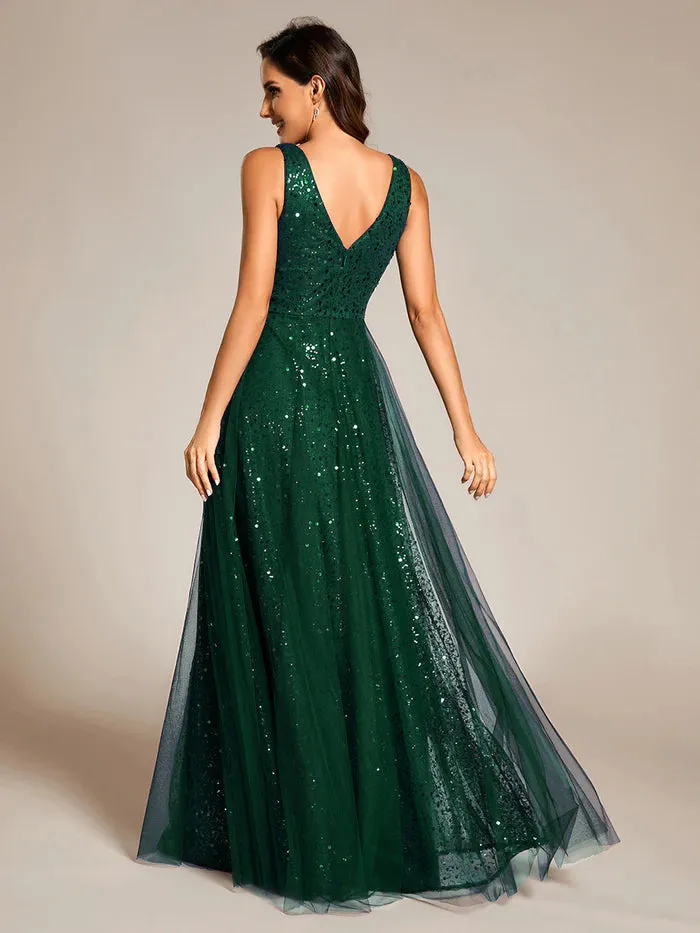 Elegant V-Neck Backless Sequin Evening Dress with Sleeveless