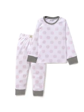 Full sleeve pink dotted pattern in white pajama set for baby