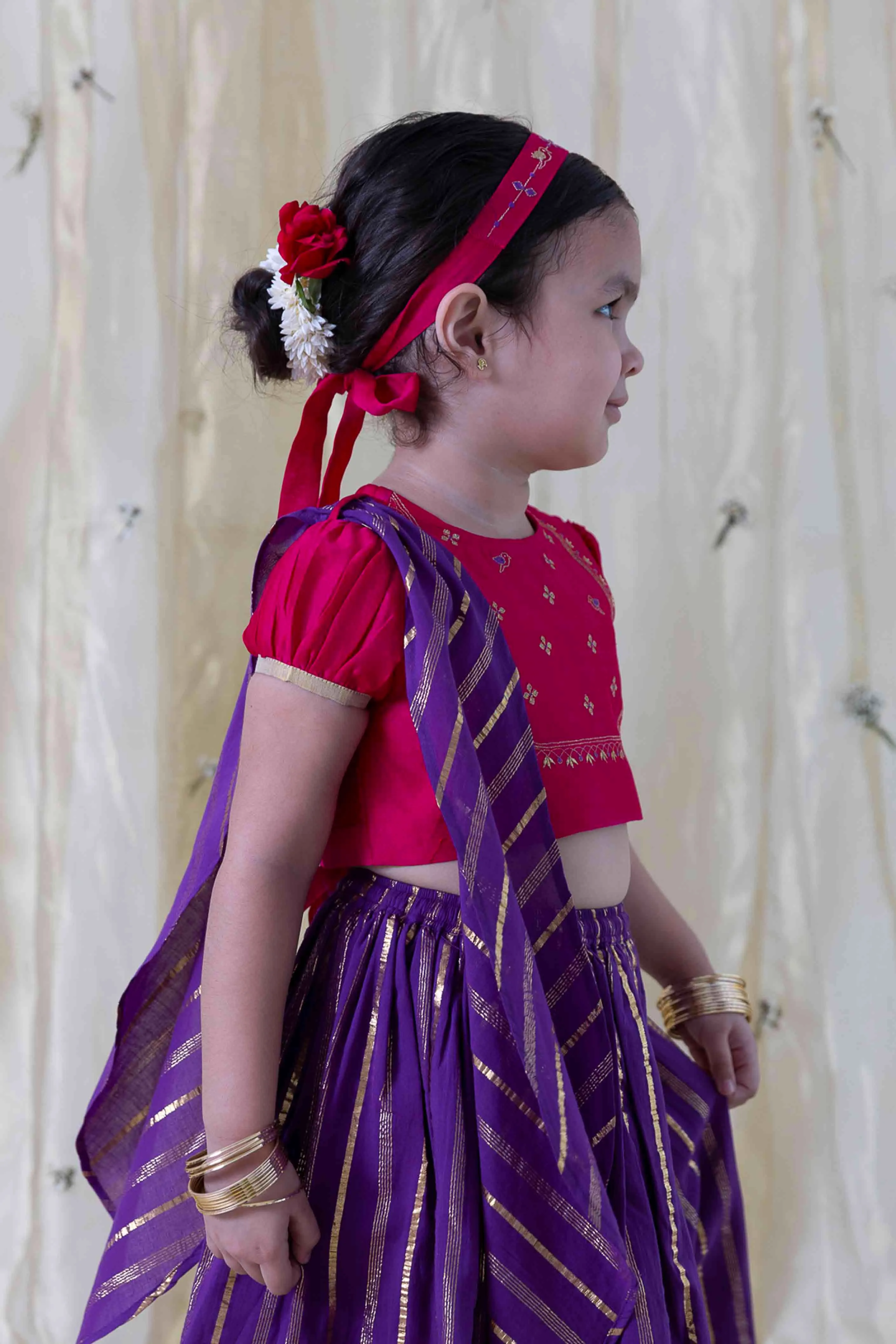 Girl Cotton Silk Blend Sleeveless Lehenga Set - Purple